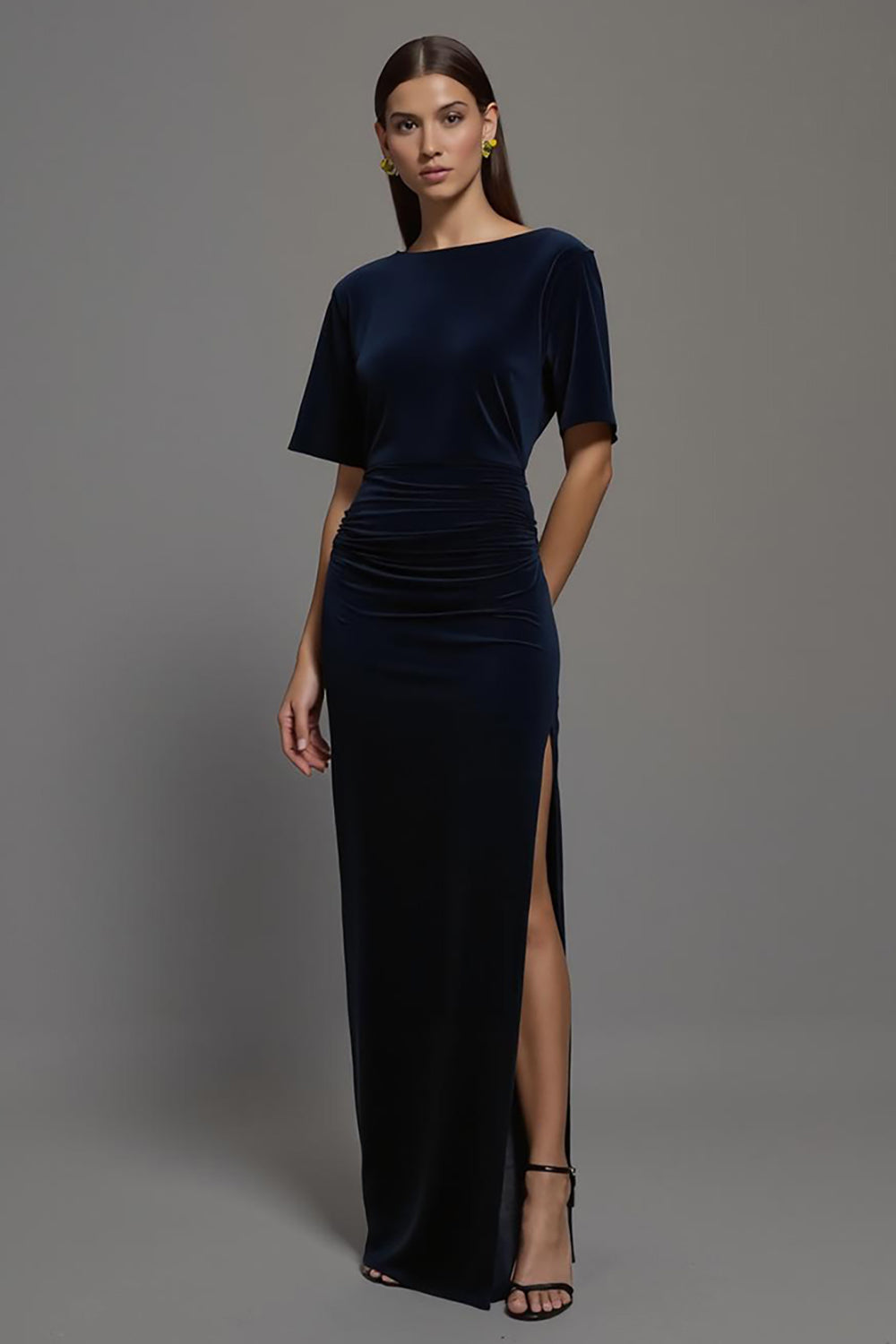 Navy Sheath Velvet Bateau Neck Long Holiday Party Dress with Slit