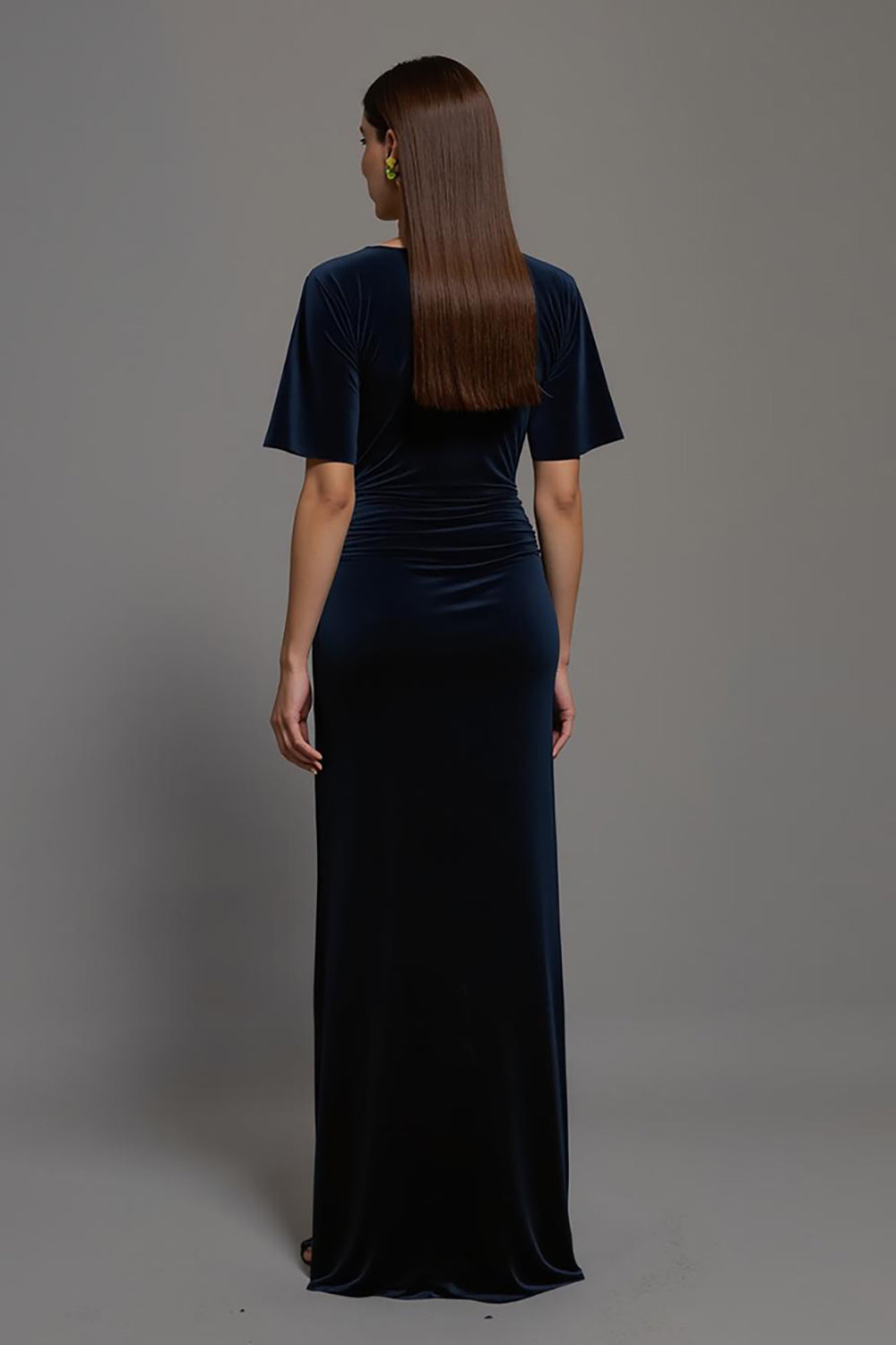 Navy Sheath Velvet Bateau Neck Long Holiday Party Dress with Slit