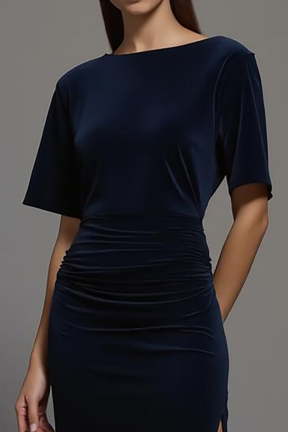 Navy Sheath Velvet Bateau Neck Long Holiday Party Dress with Slit