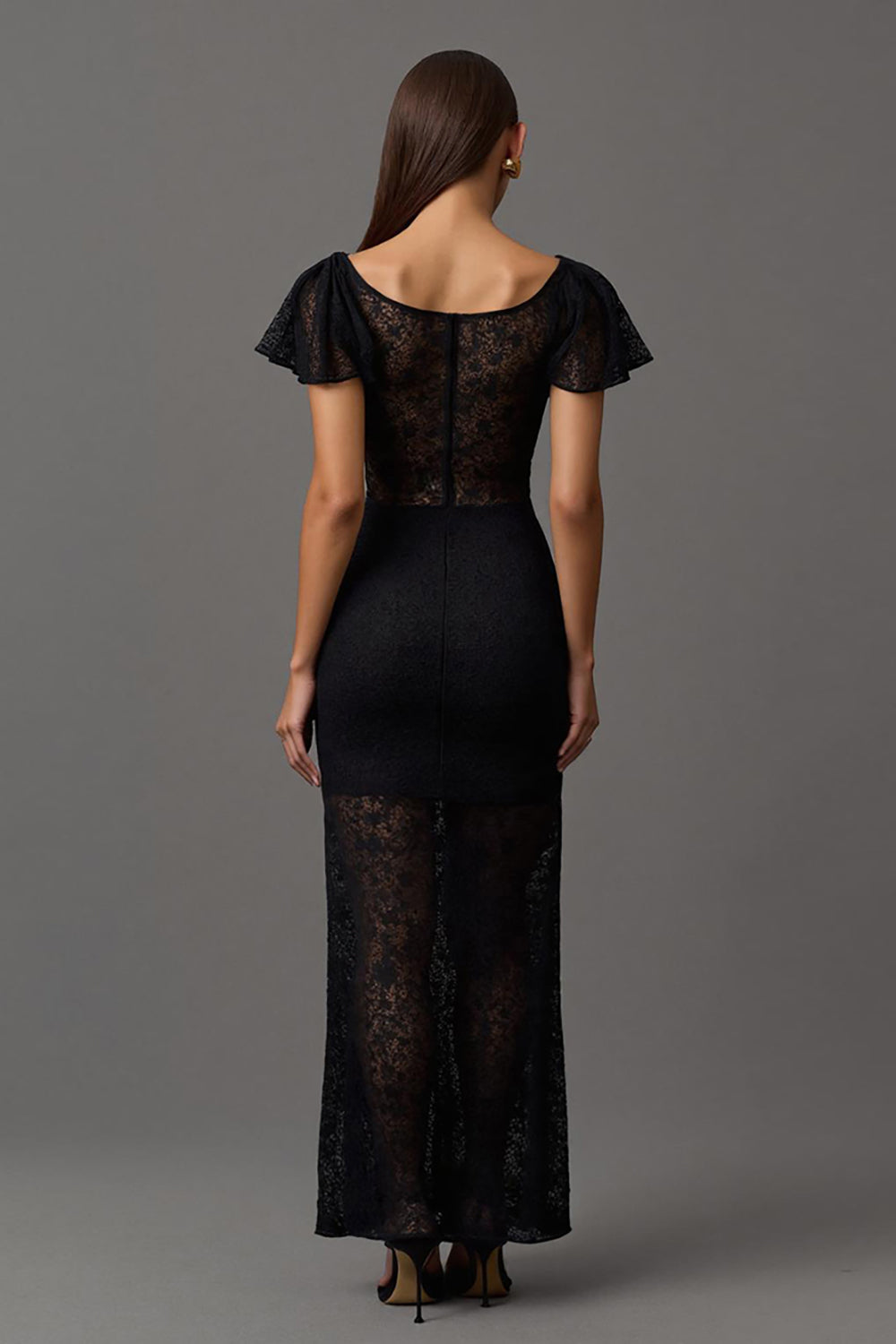 Boat Neck Sheath Long Lace Black Tie Dress with Ruffles