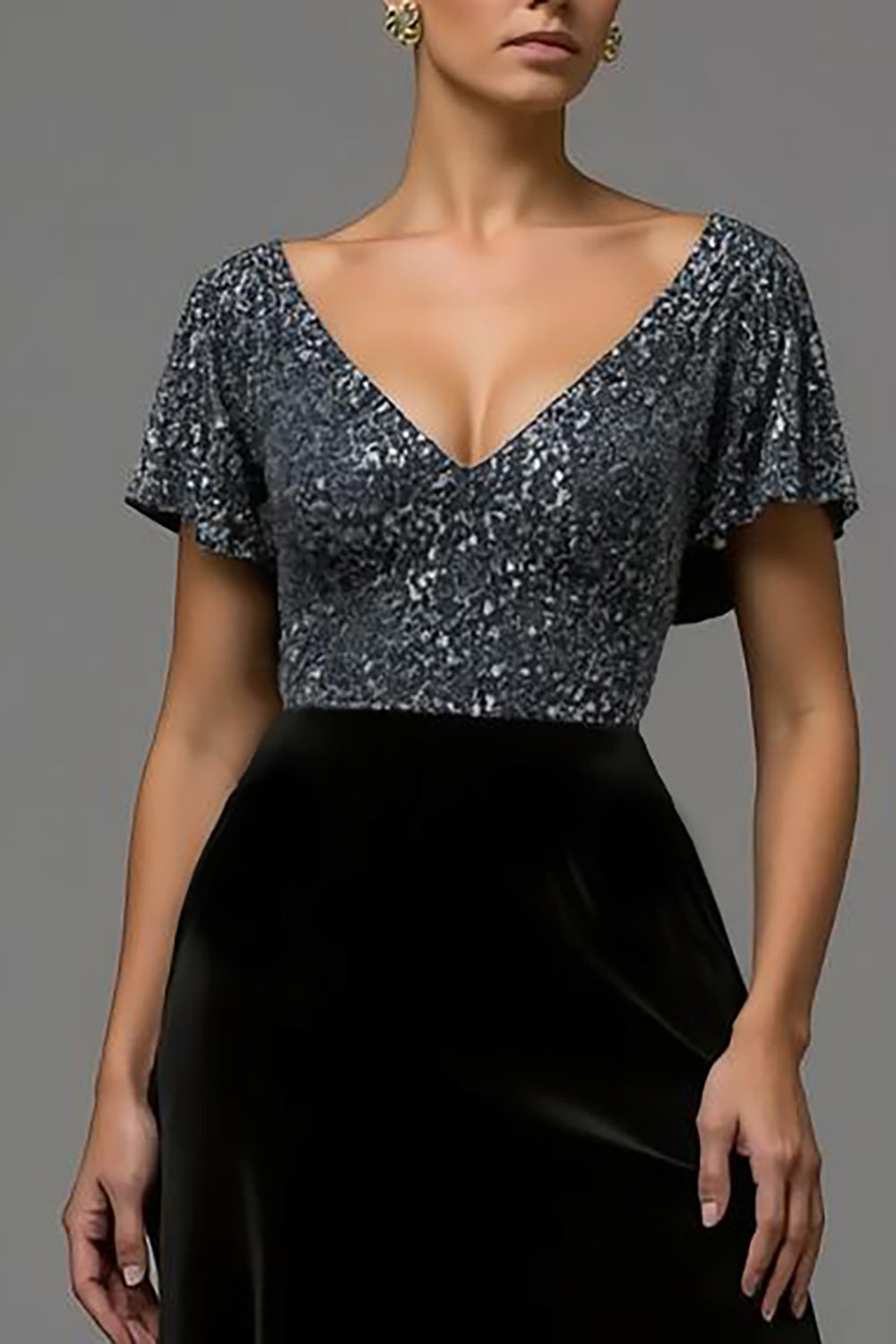 Sparkly Black and Grey Velvet A Line V Neck Long Holiday Party Dress