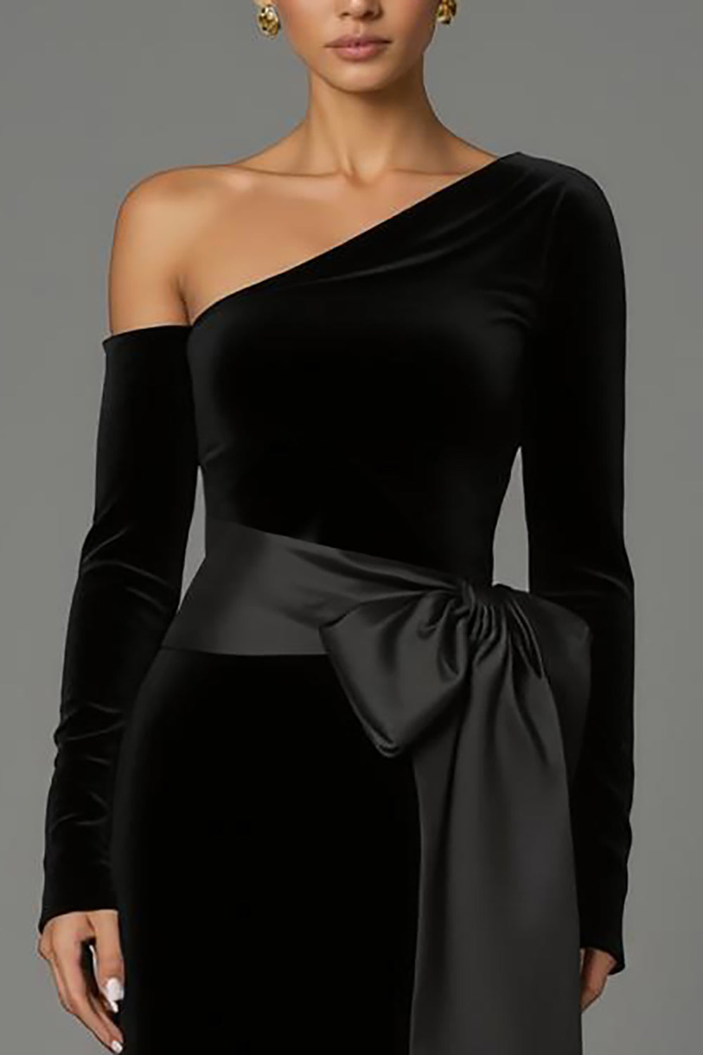 Black Velvet One Shoulder Long Sleeves Holiday Party Dress with Bow