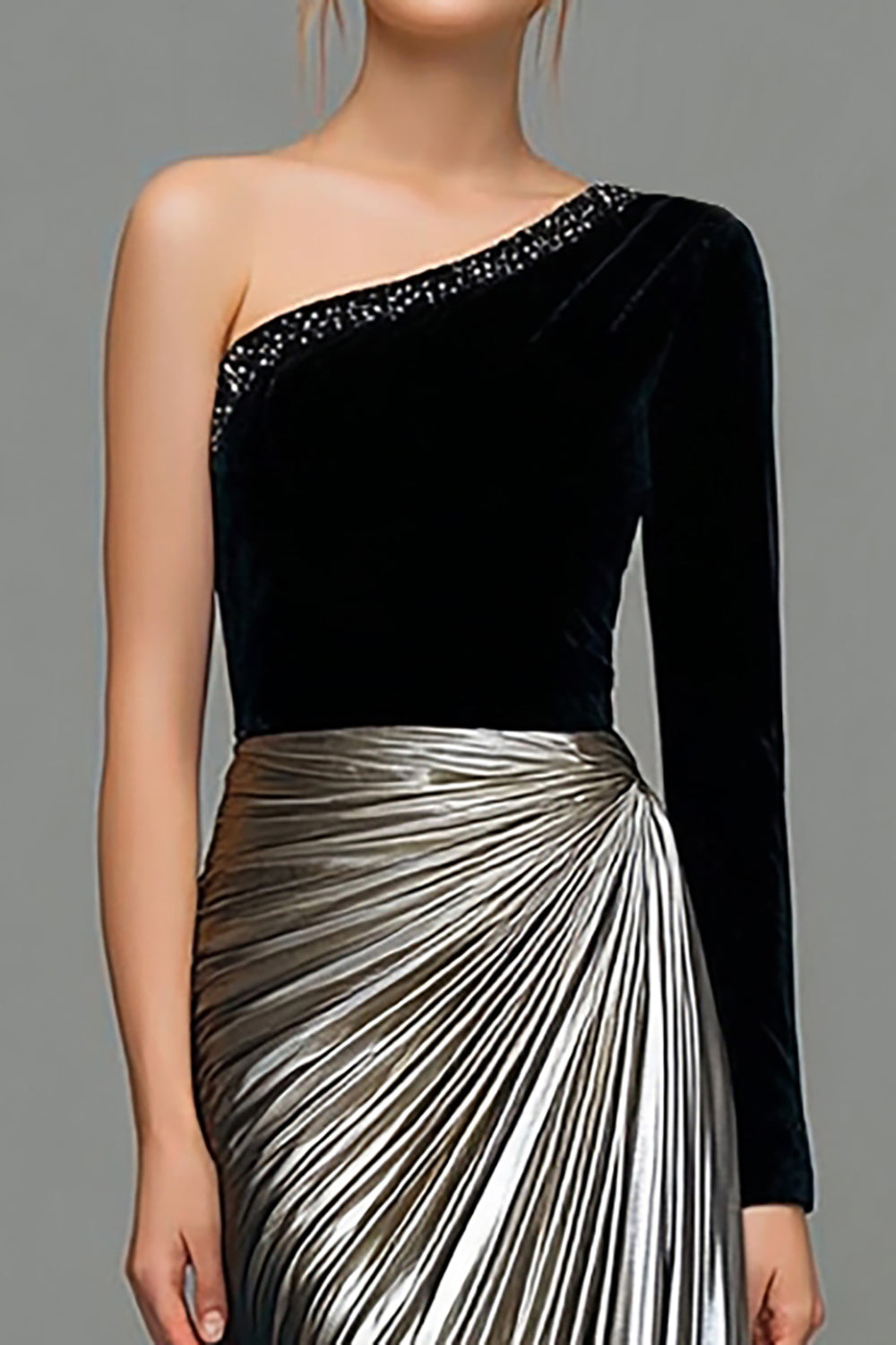 Sparkly Black and Grey One Shoulder Metallic Long Holiday Party Dress