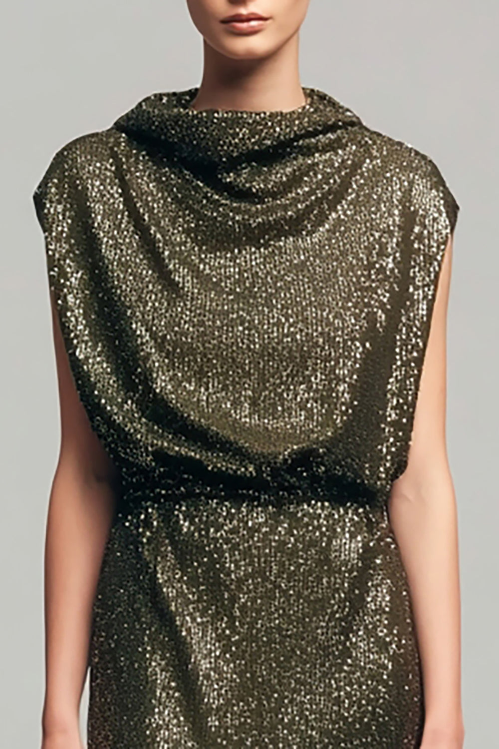 Sparkly Olive Sheath Cowl Neck Sequins Long Holiday Party Dress