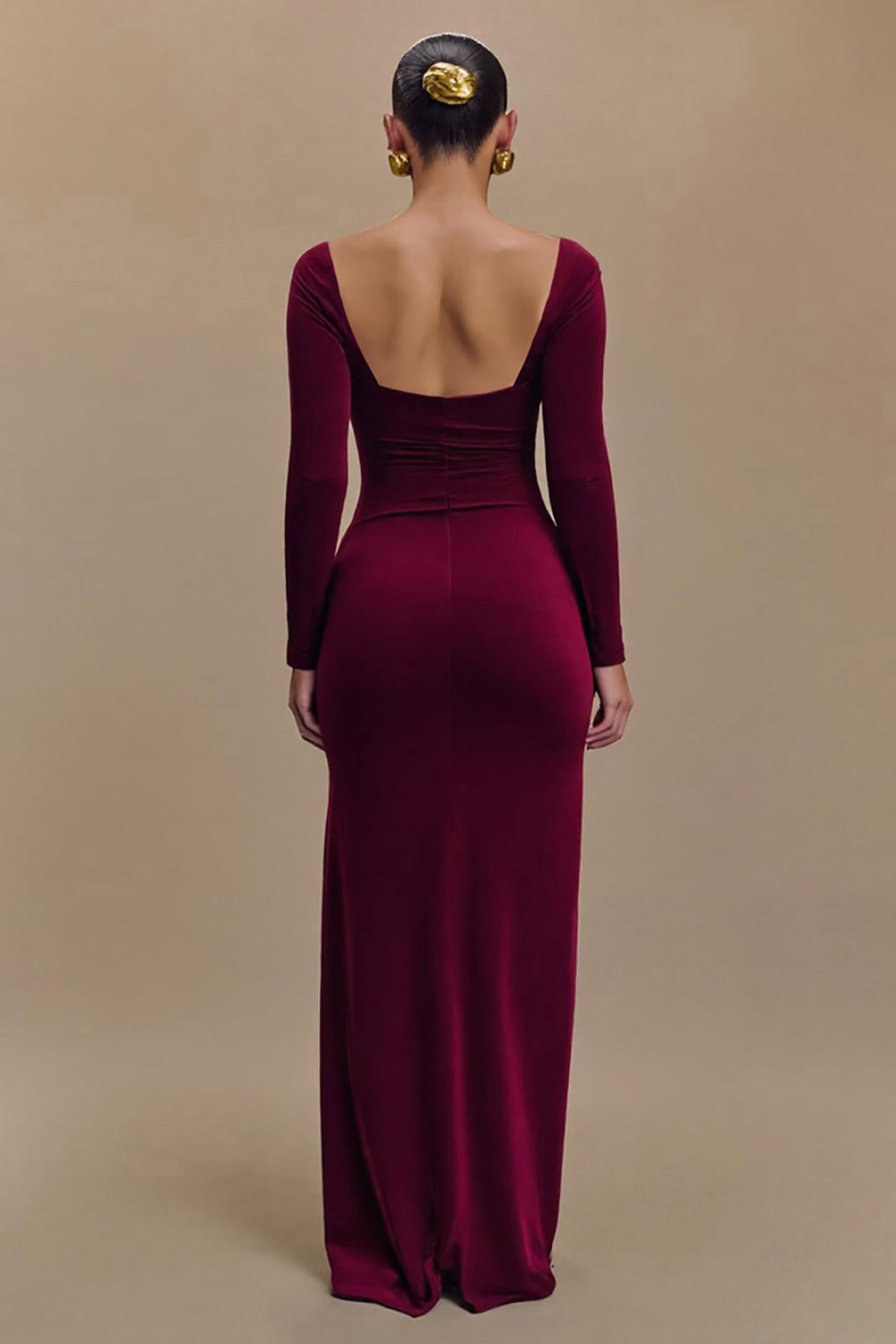 Burgundy Square Neck Satin Long Sleeves Evening Dress with Slit