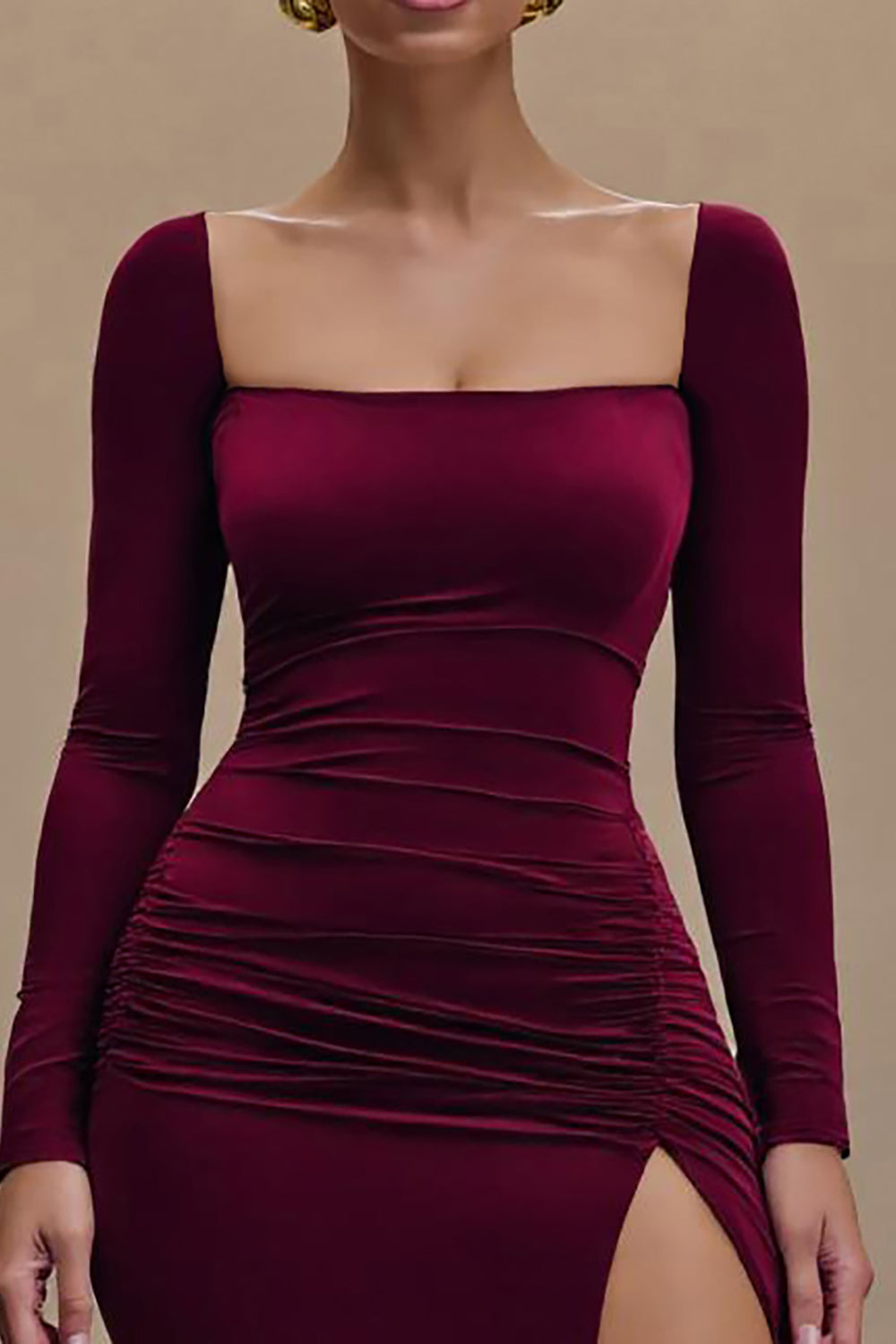 Burgundy Square Neck Satin Long Sleeves Evening Dress with Slit