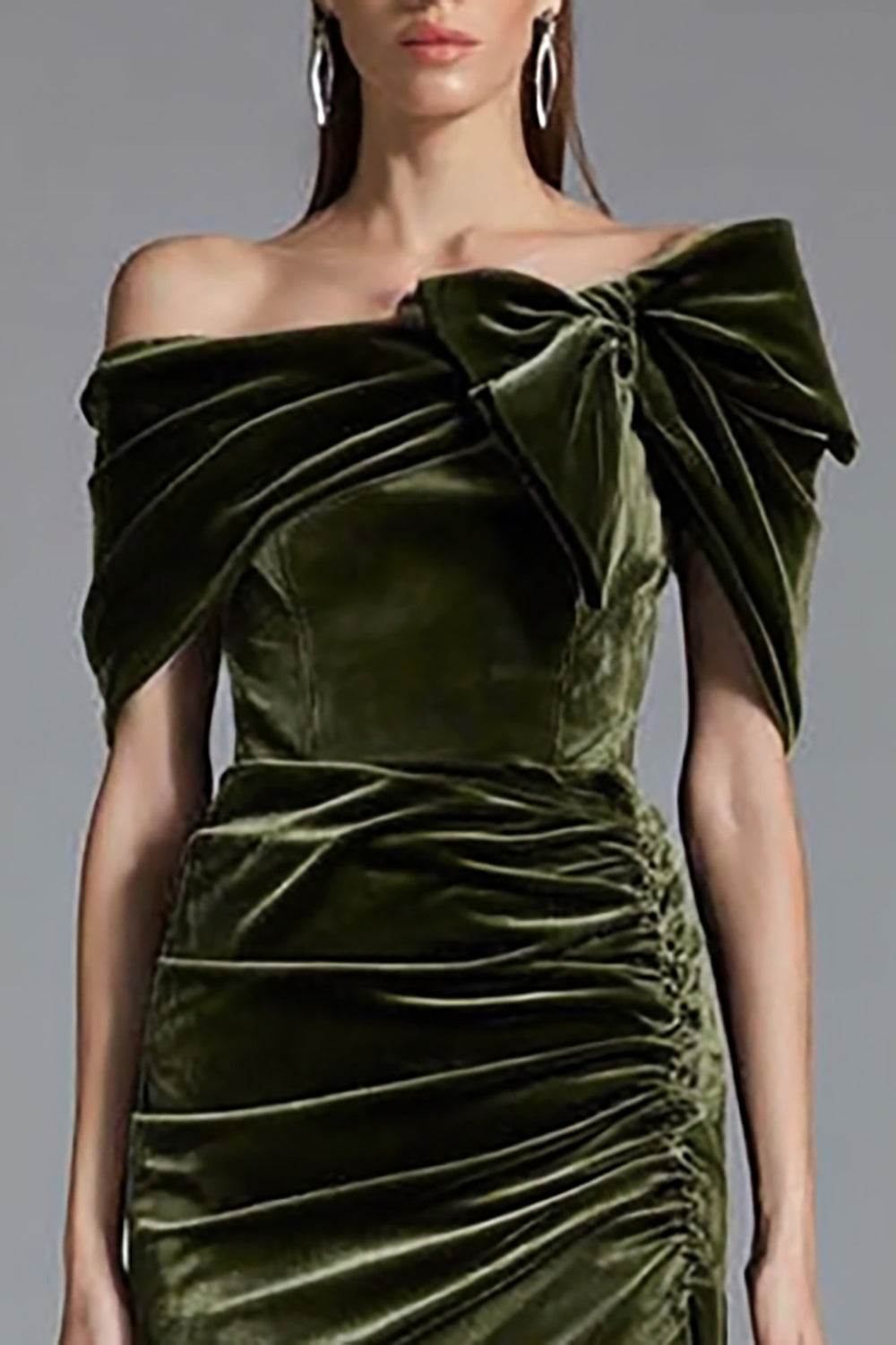 Olive Velvet Off the Shoulder Sheath Long Holiday Party Dress with Bow