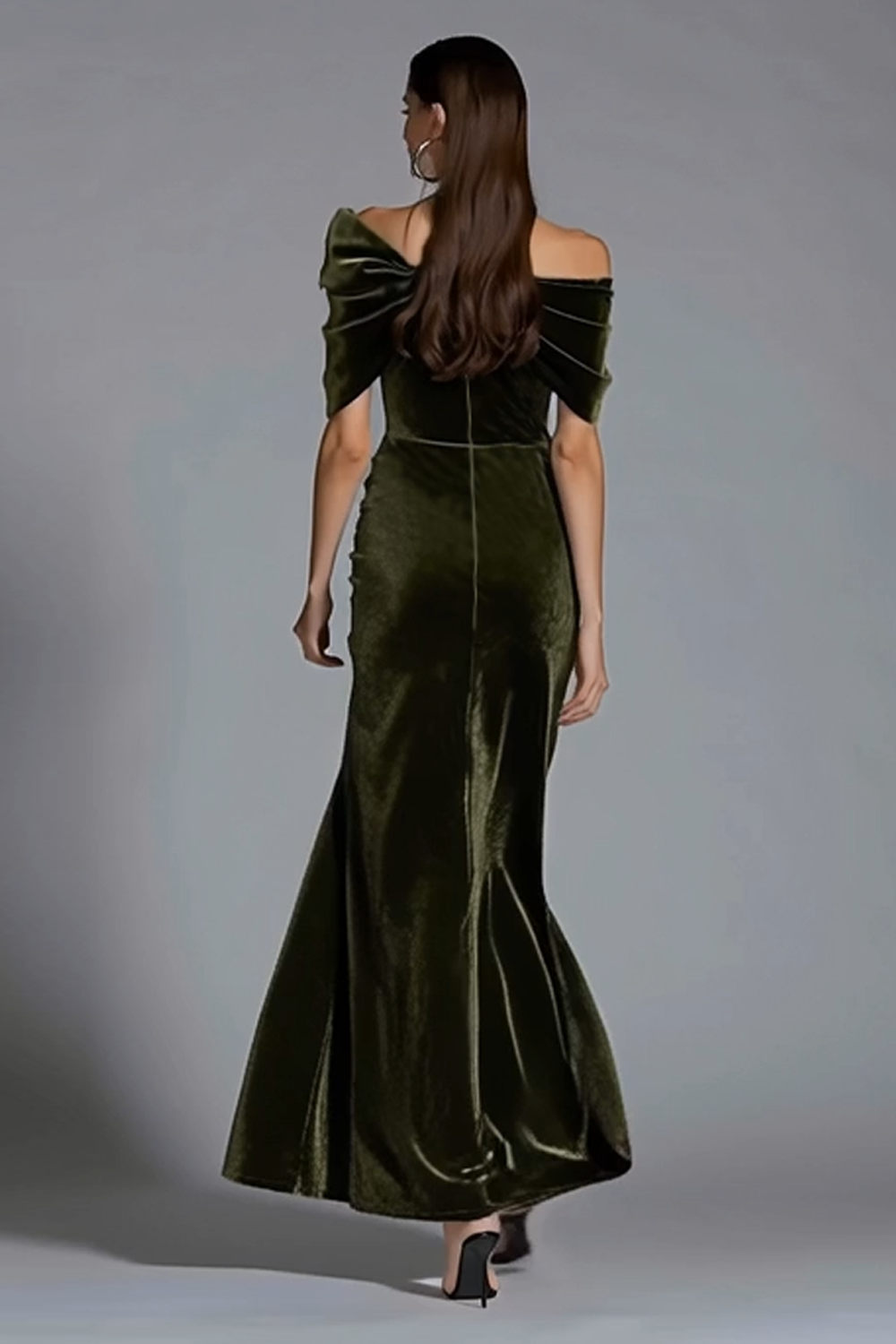 Olive Velvet Off the Shoulder Sheath Long Holiday Party Dress with Bow