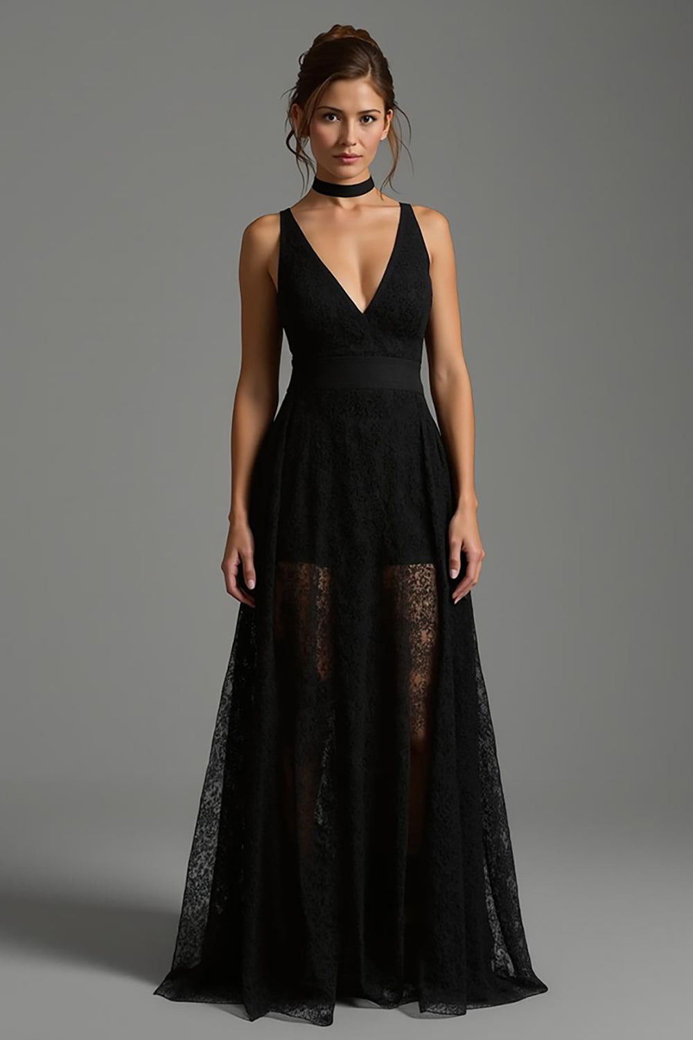 Black V-Neck A Line Lace Long Evening Dress