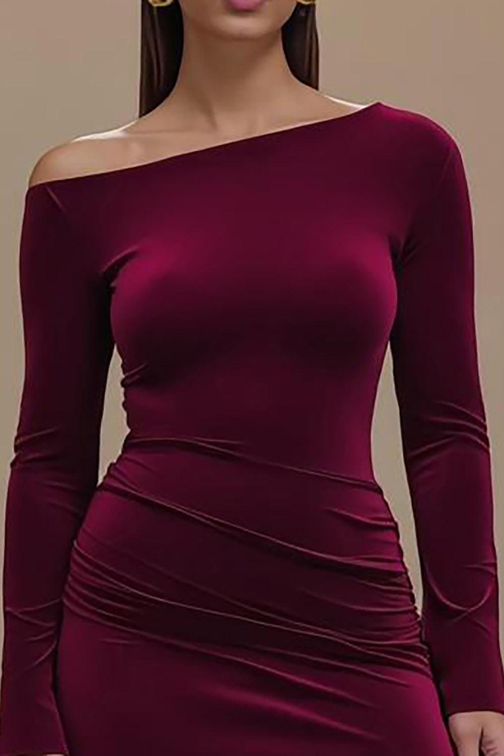 Burgundy Satin One Shoulder Long Sleeves Evening Dress with Slit