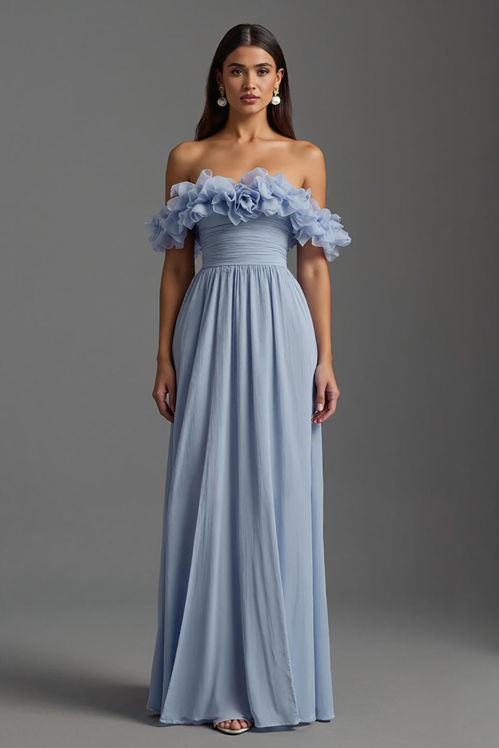 Sky Blue Chiffon A Line Ruched Long Evening Dress with Ruffles