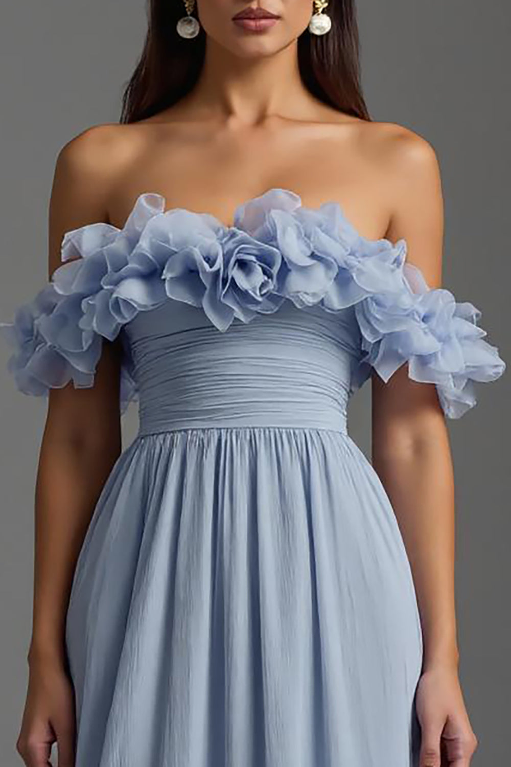 Sky Blue Chiffon A Line Ruched Long Evening Dress with Ruffles