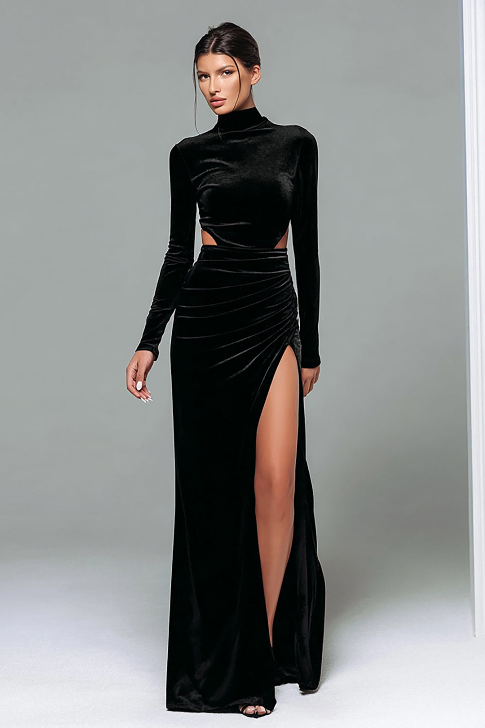 Black Sheath Velvet Cut Out High Neck Long Holiday Party Dress