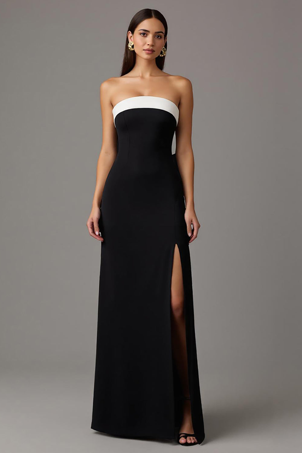 Black and White Strapless Sheath Long Evening Dress with Slit
