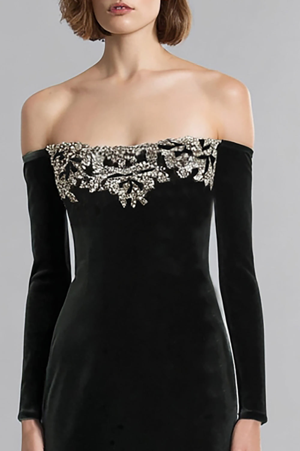 Velvet Black Long Sleeves Holiday Party Dress with Rhinestones