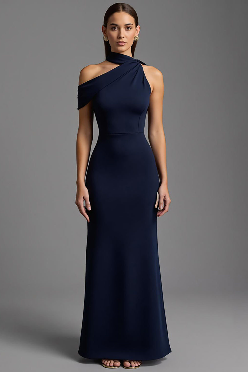 Navy Satin Sheath Asymmetrical Neck Long Evening Dress