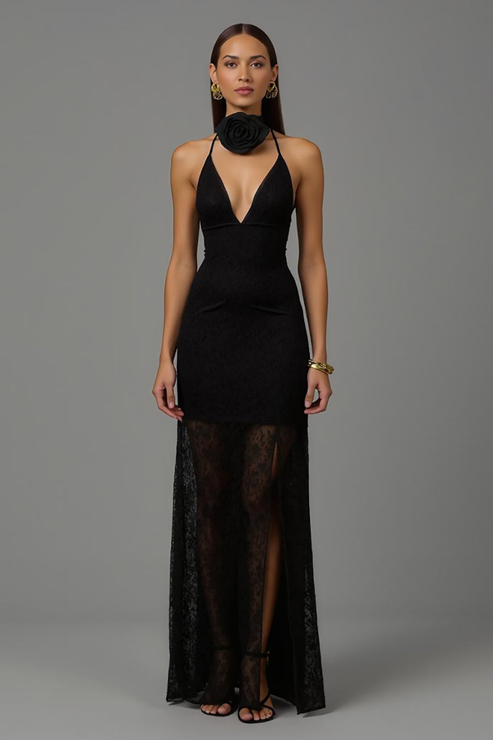 Black Sheath 3D Flowers V Neck Long Evening Dress with Lace