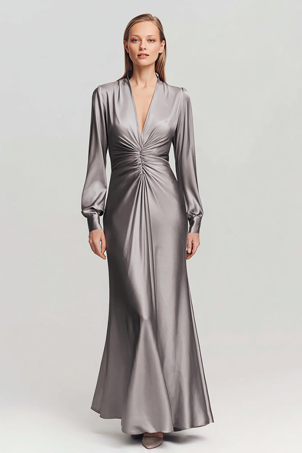 Grey V Neck Satin Ruched Long Evening Dress with Sleeves