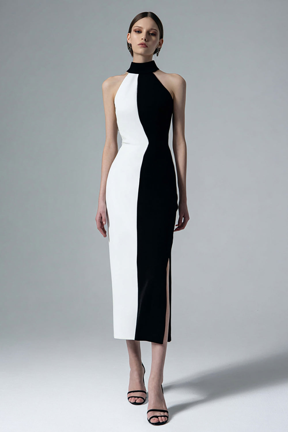Black and White High Neck Sheath Long Evening Dress with Slit