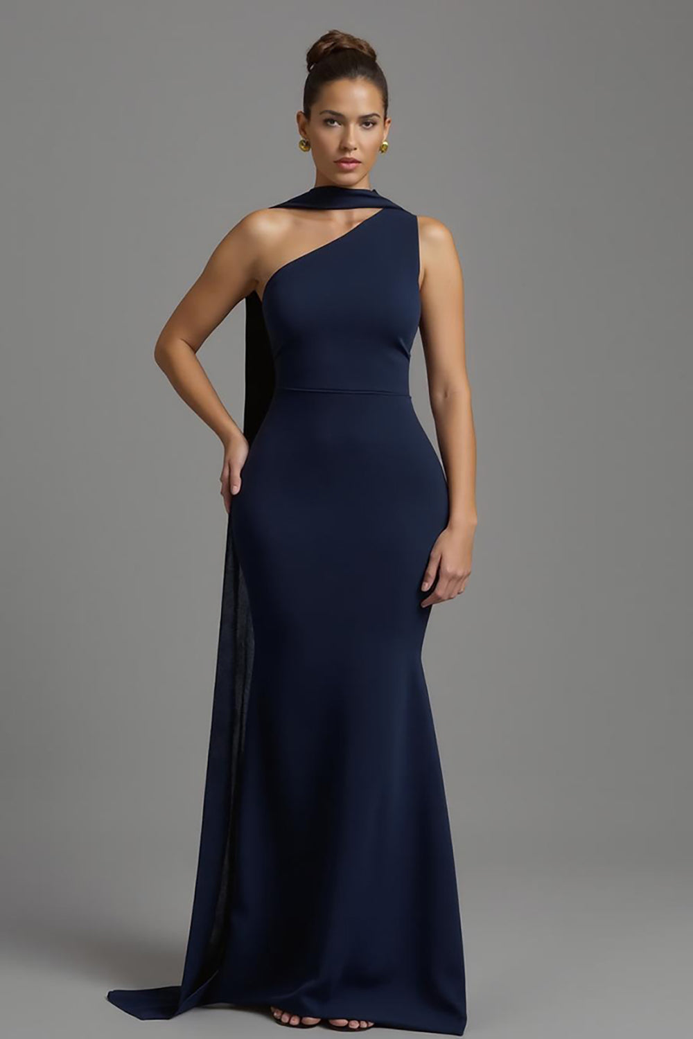 Navy Satin Mermaid Neck Scarf Long Evening Dress