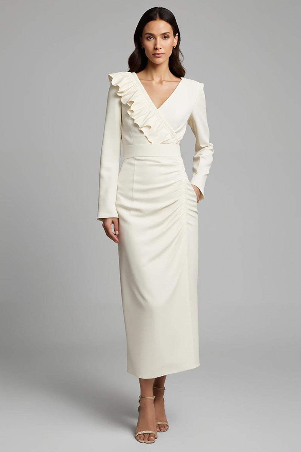 Ivory V-Neck Ruched Long Pencil Work Dress with Ruffles