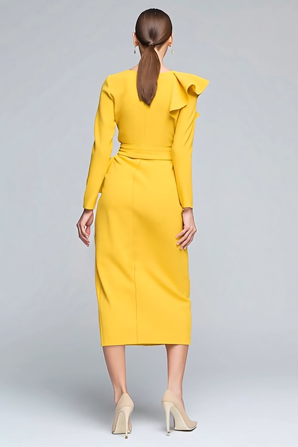 Yellow Pencil Ruffled Long Sleeves Work Dress with Slit