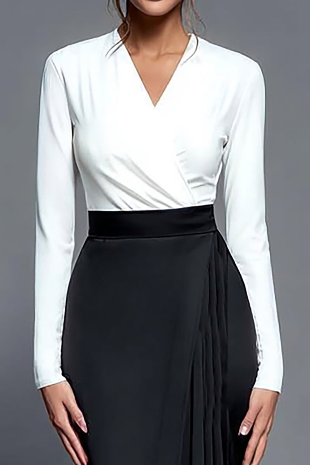 Black and White V-Neck Pleated Midi Work Dress with Slit