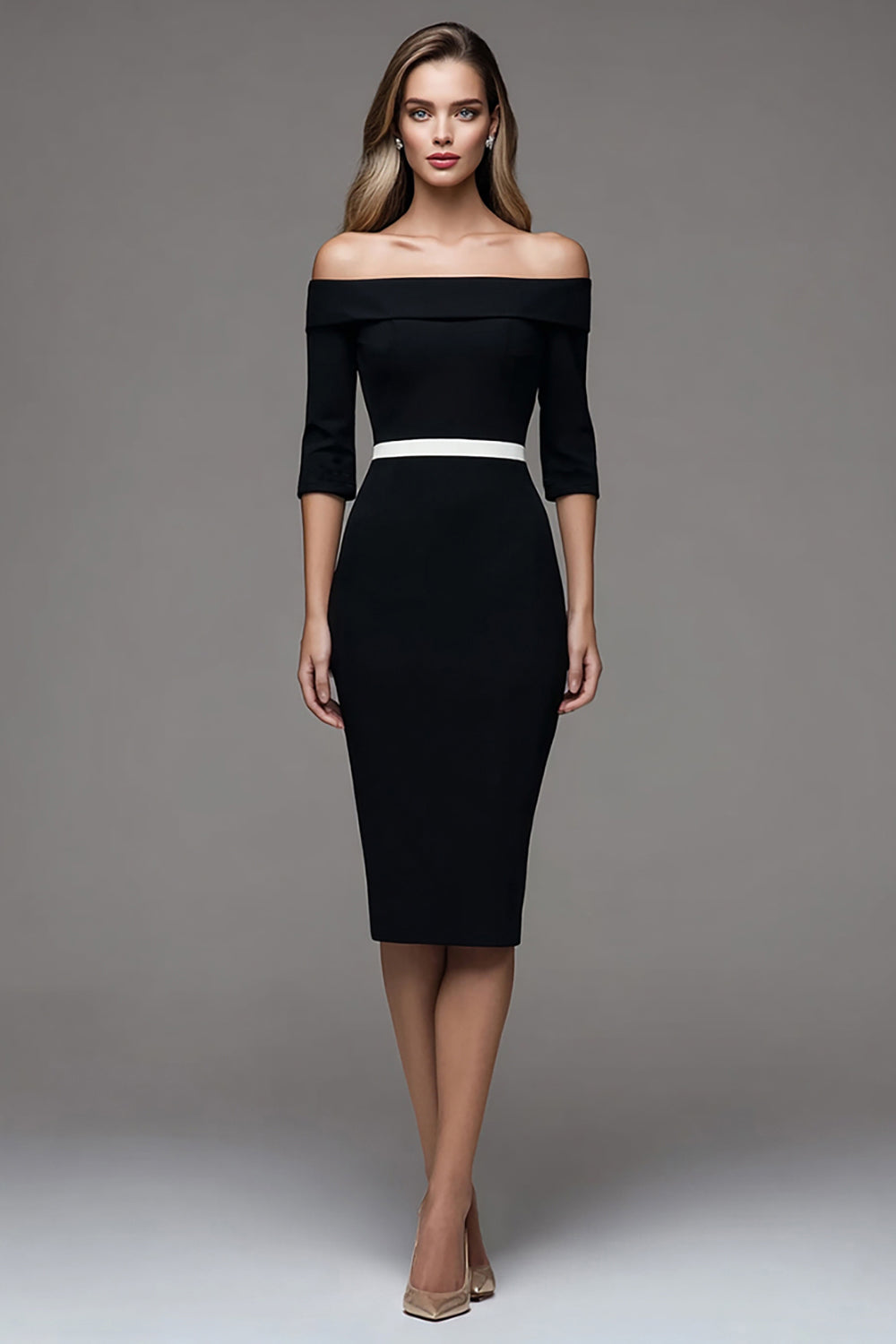 Black Pencil Off the Shoulder Midi Work Dress with Sleeves