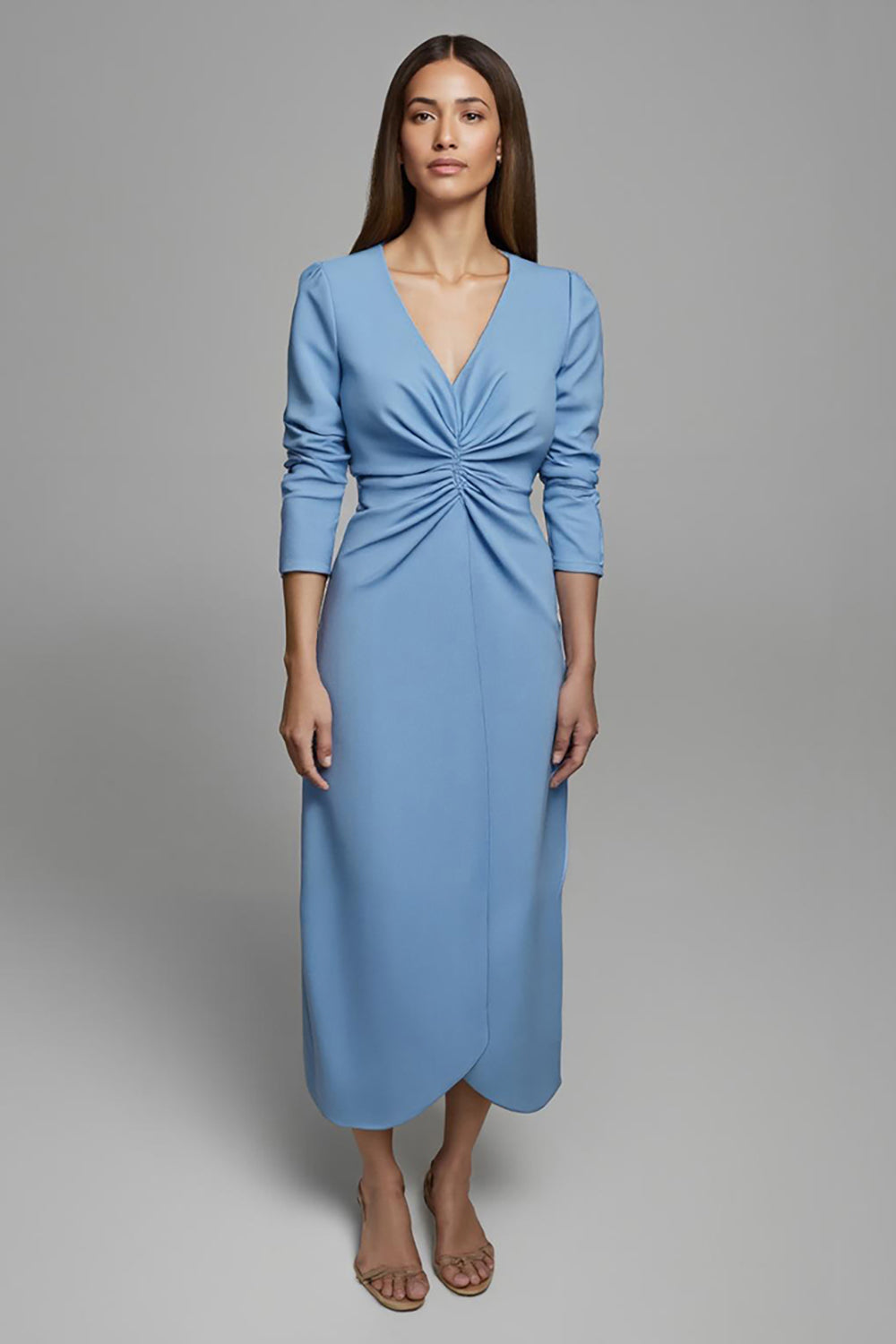 Sky Blue Ruched V-Neck Long Pencil Work Dress with Sleeves