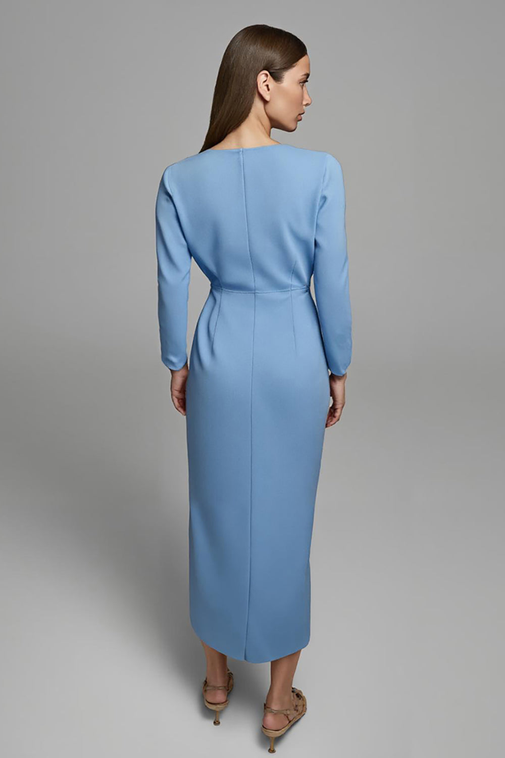 Sky Blue Ruched V-Neck Long Pencil Work Dress with Sleeves