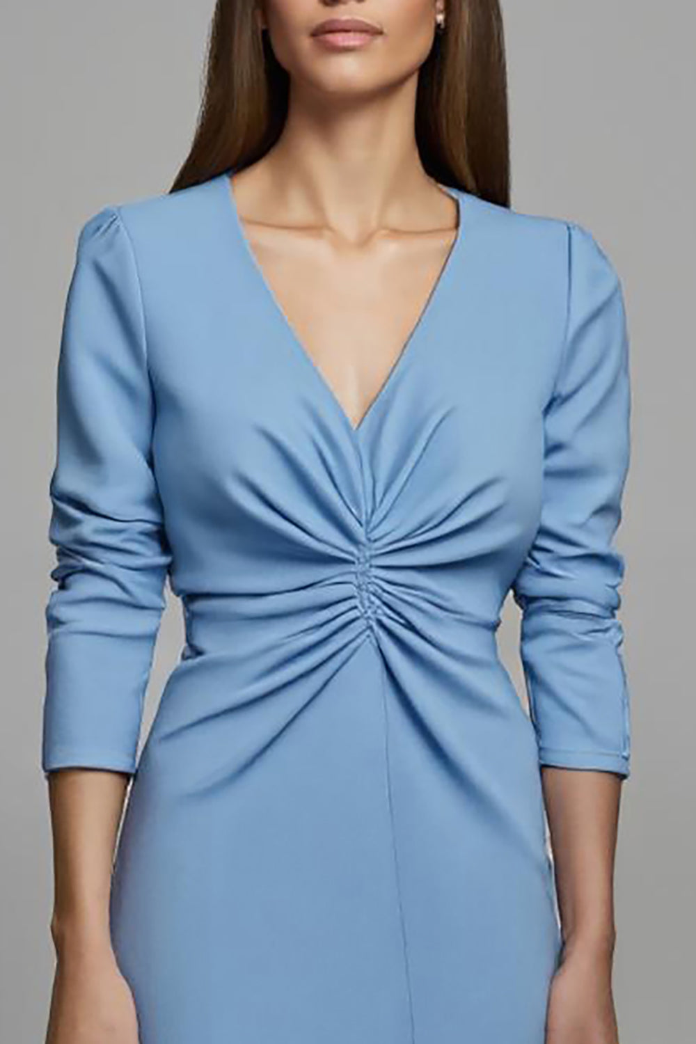 Sky Blue Ruched V-Neck Long Pencil Work Dress with Sleeves