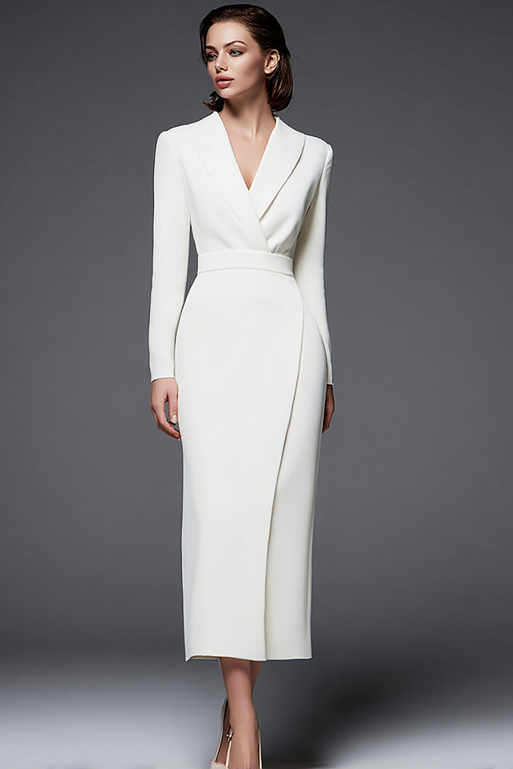 Simple Ivory Shawl Lapel Pencil Maxi Blazer Dress with Sleeves