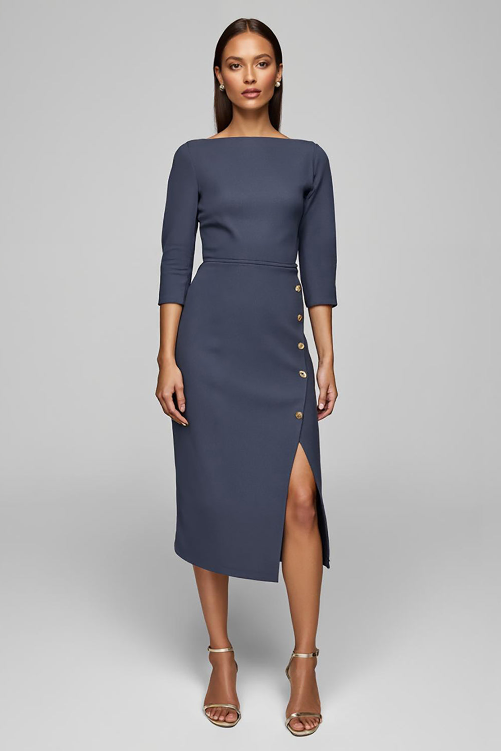 Twilight Pencil Bateau Neck Buttons Midi Work Dress with Slit