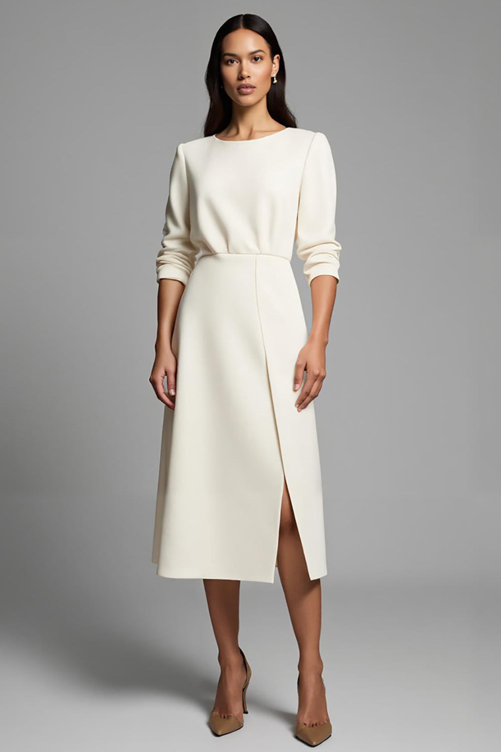 Ivory Pencil Boat Neck Midi Work Dress with Slit