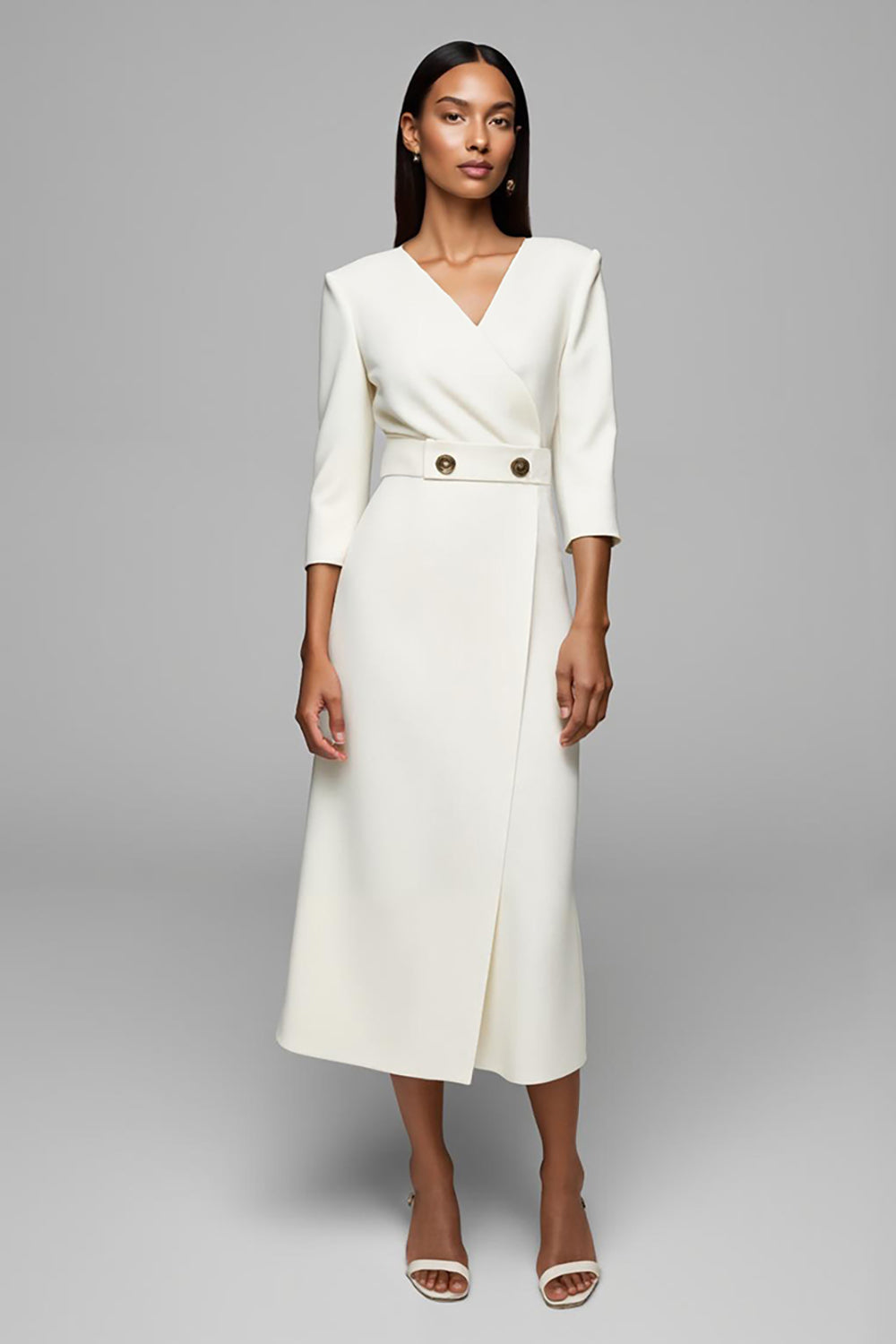 Ivory Pencil V-Neck Buttons Long Work Dress with Sleeves