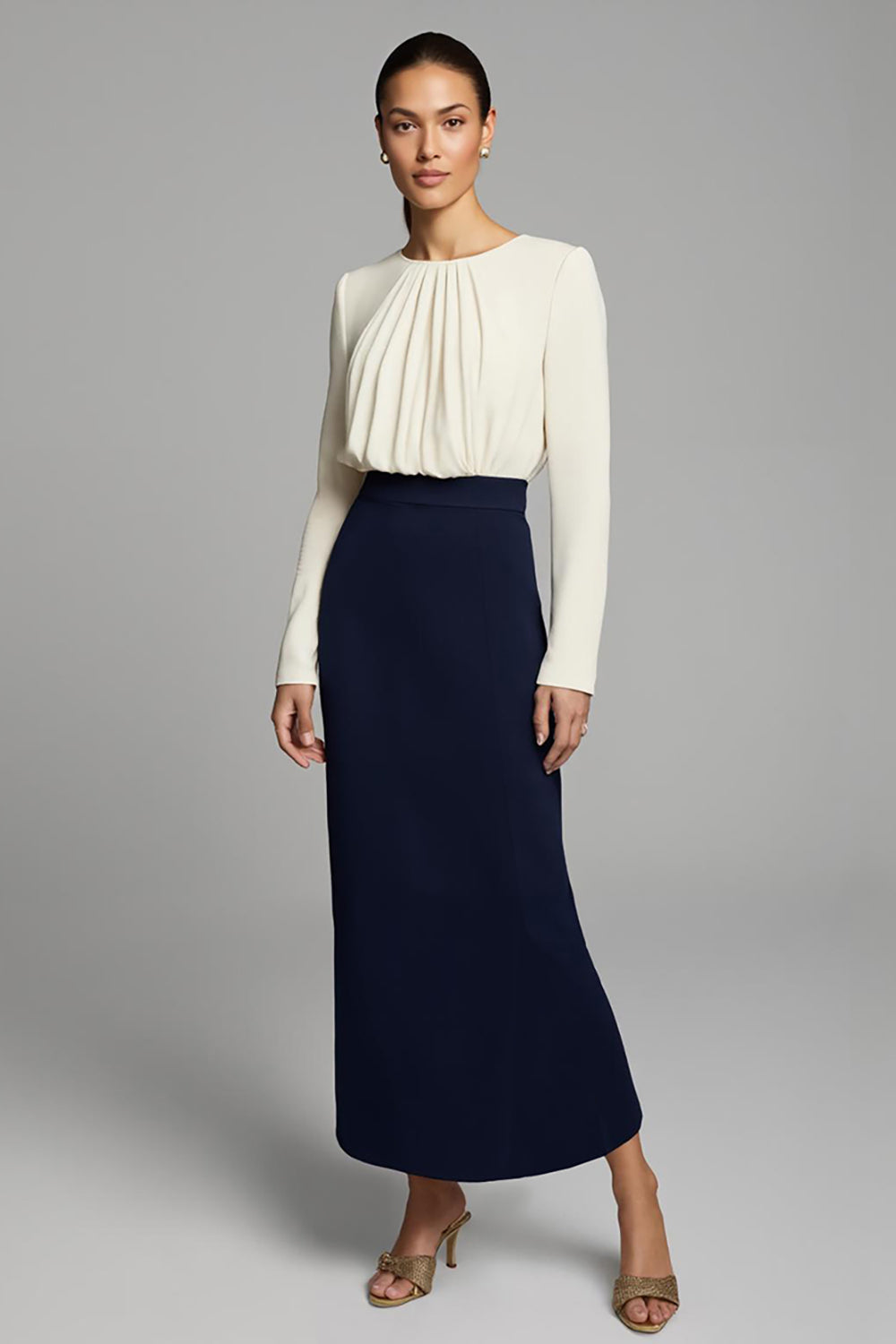 Navy and White Pencil Long Ruched Work Dress with Sleeves