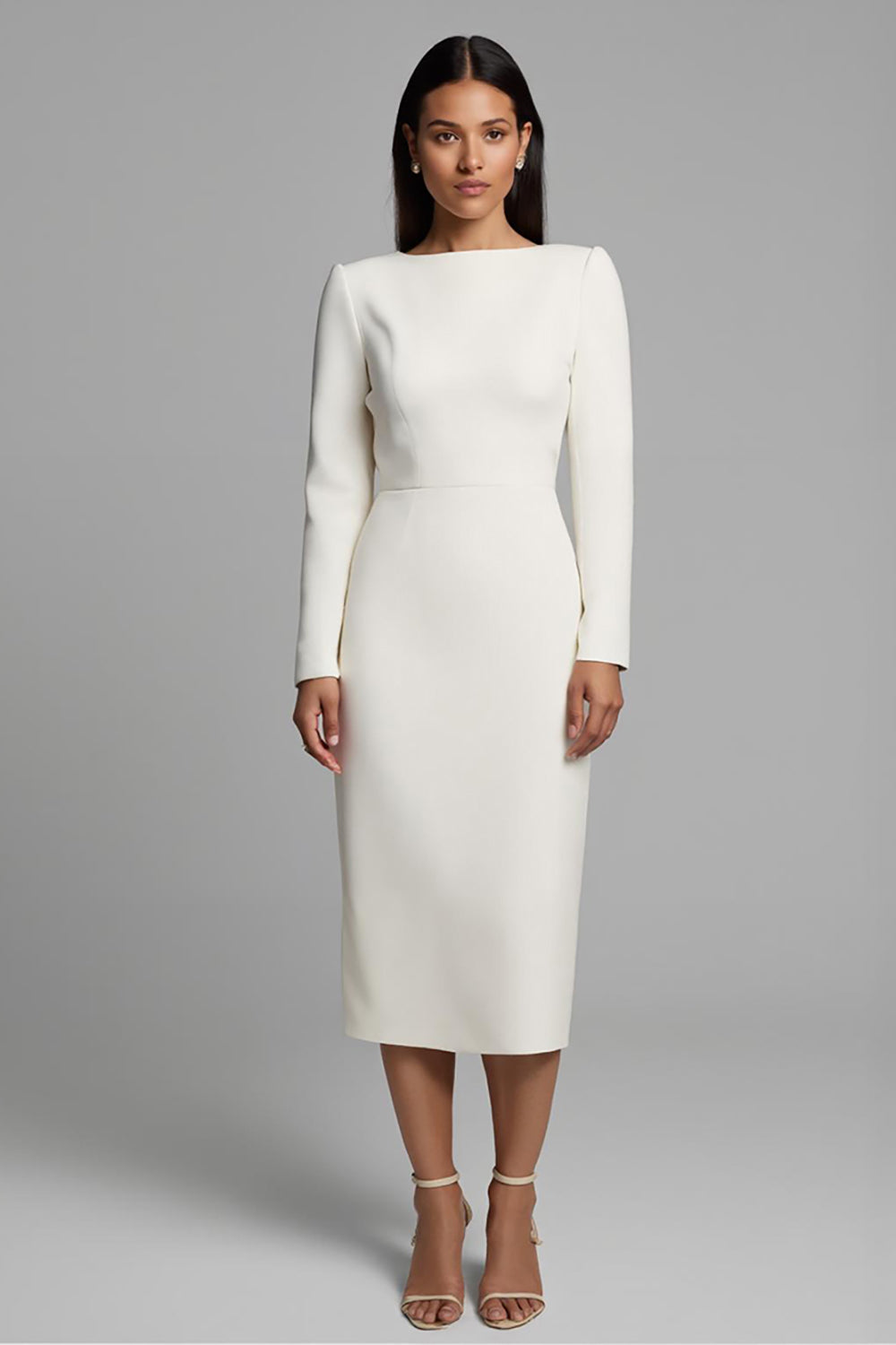 Simple Ivory Bateau Neck Midi Pencil Work Dress with Slit