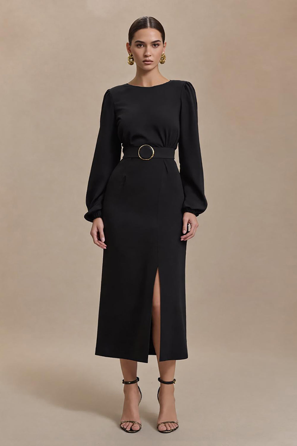 Black Pencil Open Back Long Sleeves Work Dress with Slit