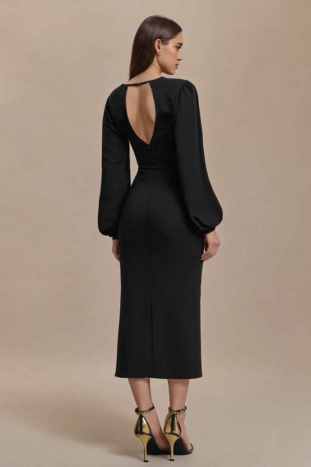 Black Pencil Open Back Long Sleeves Work Dress with Slit