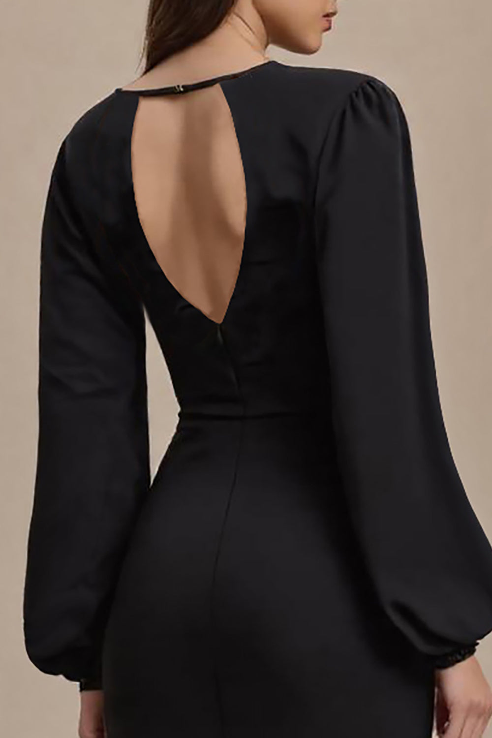 Black Pencil Open Back Long Sleeves Work Dress with Slit