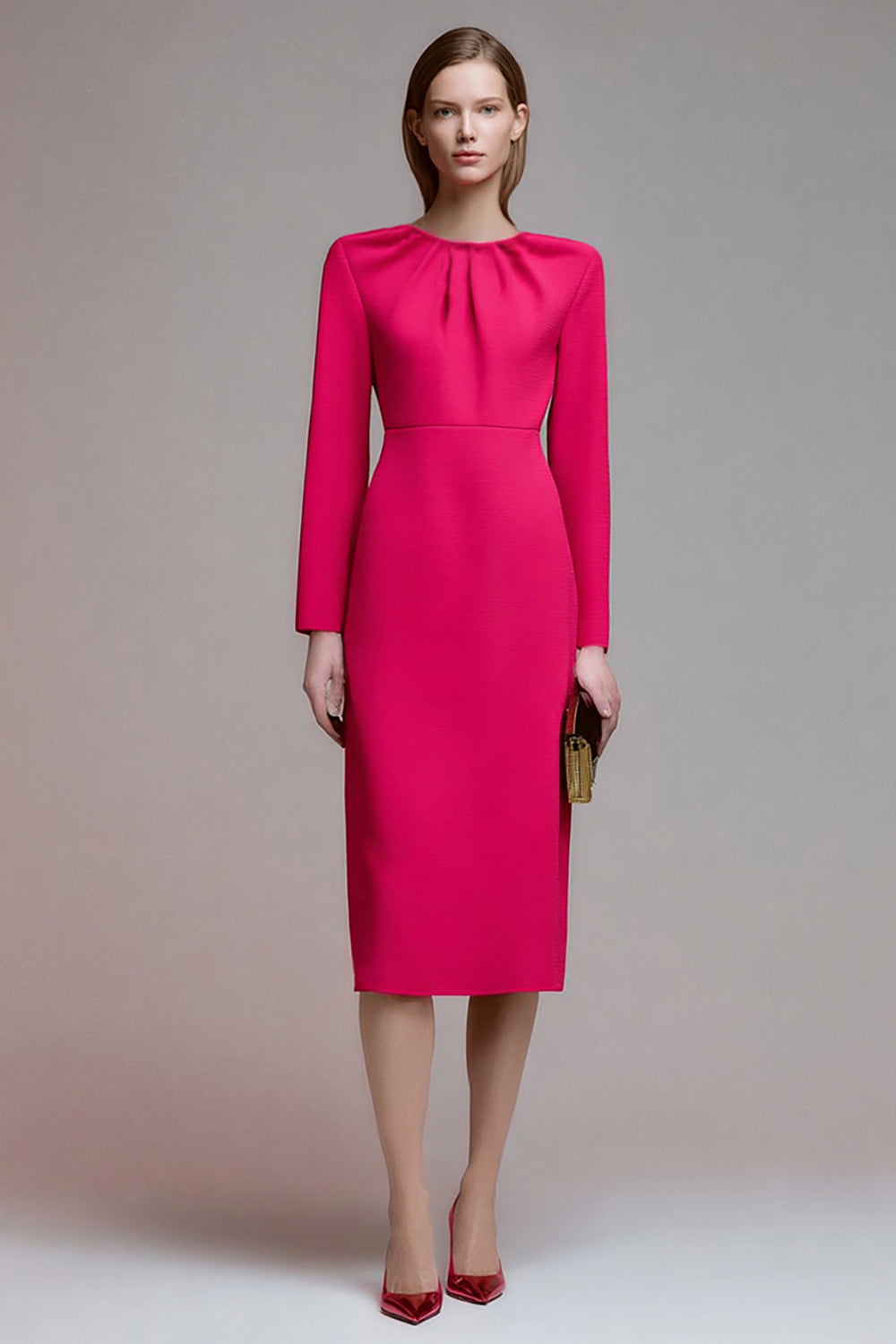 Fuchsia Pencil Round Neck Ruched Midi Work Dress with Sleeves