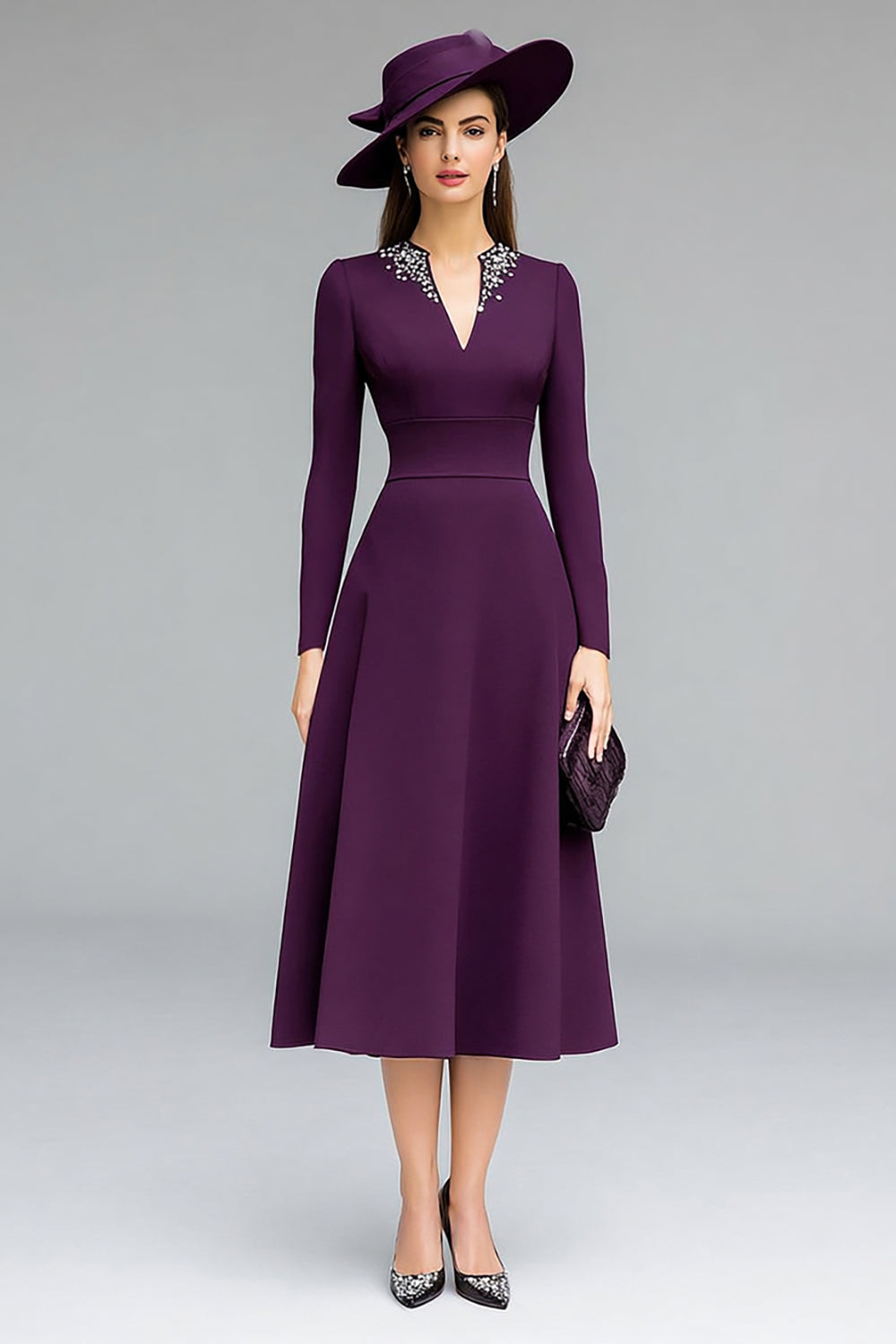 Sparkly Dark Purple A Line Midi Wedding Guest Dress with Beading