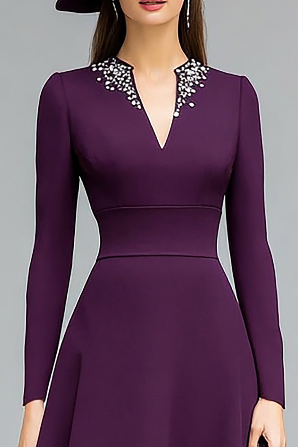 Sparkly Dark Purple A Line Midi Wedding Guest Dress with Beading