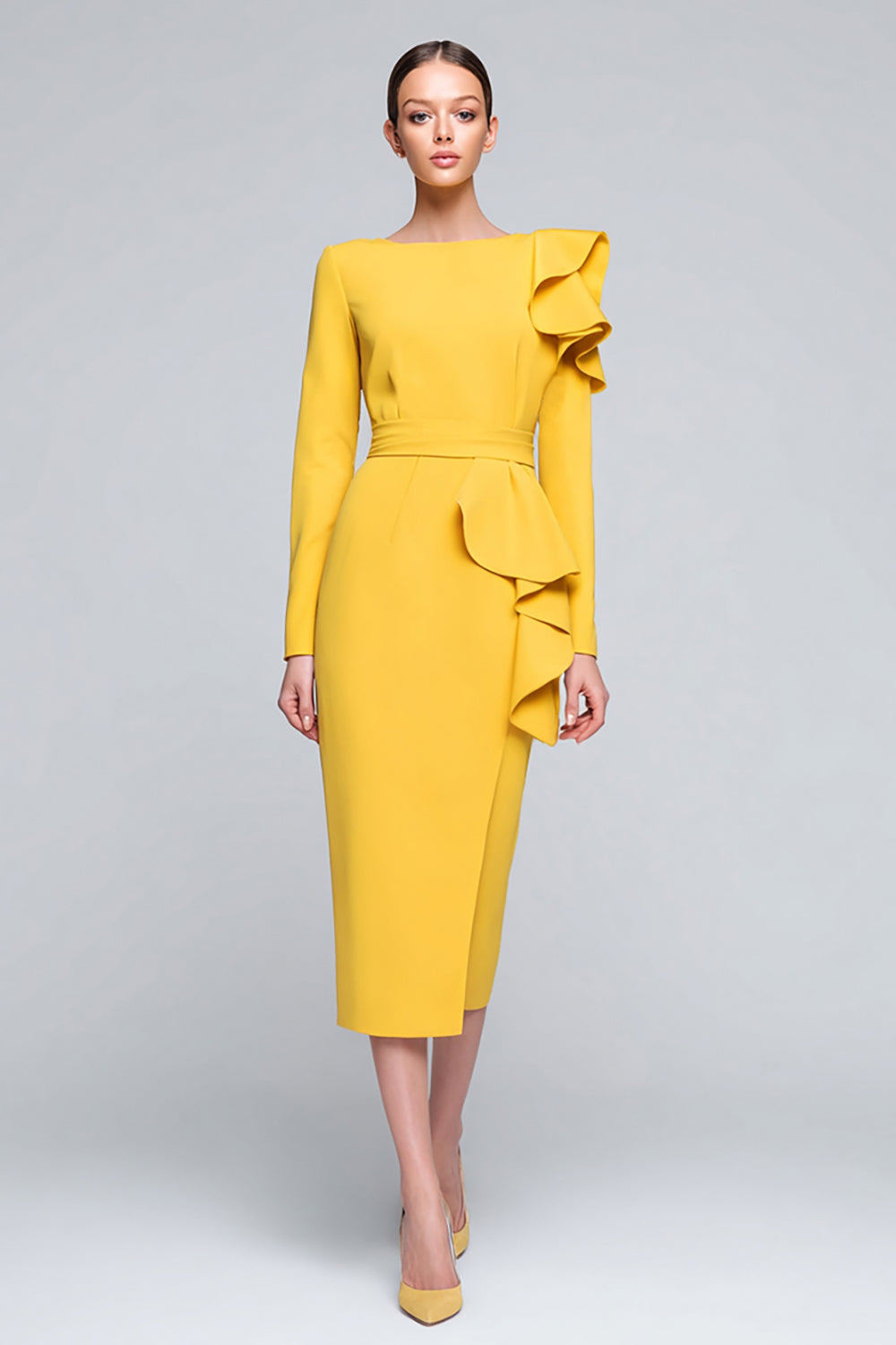 Yellow Pencil Ruffled Bateau Neck Long Sleeves Work Dress
