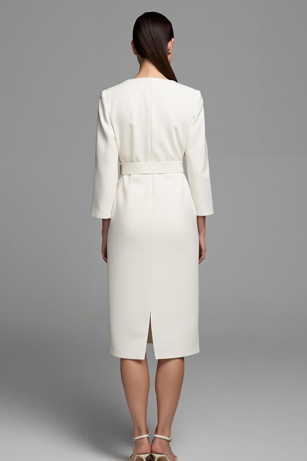 Ivory V-Neck Long Sleeves Midi Pencil Work Dress with Belt