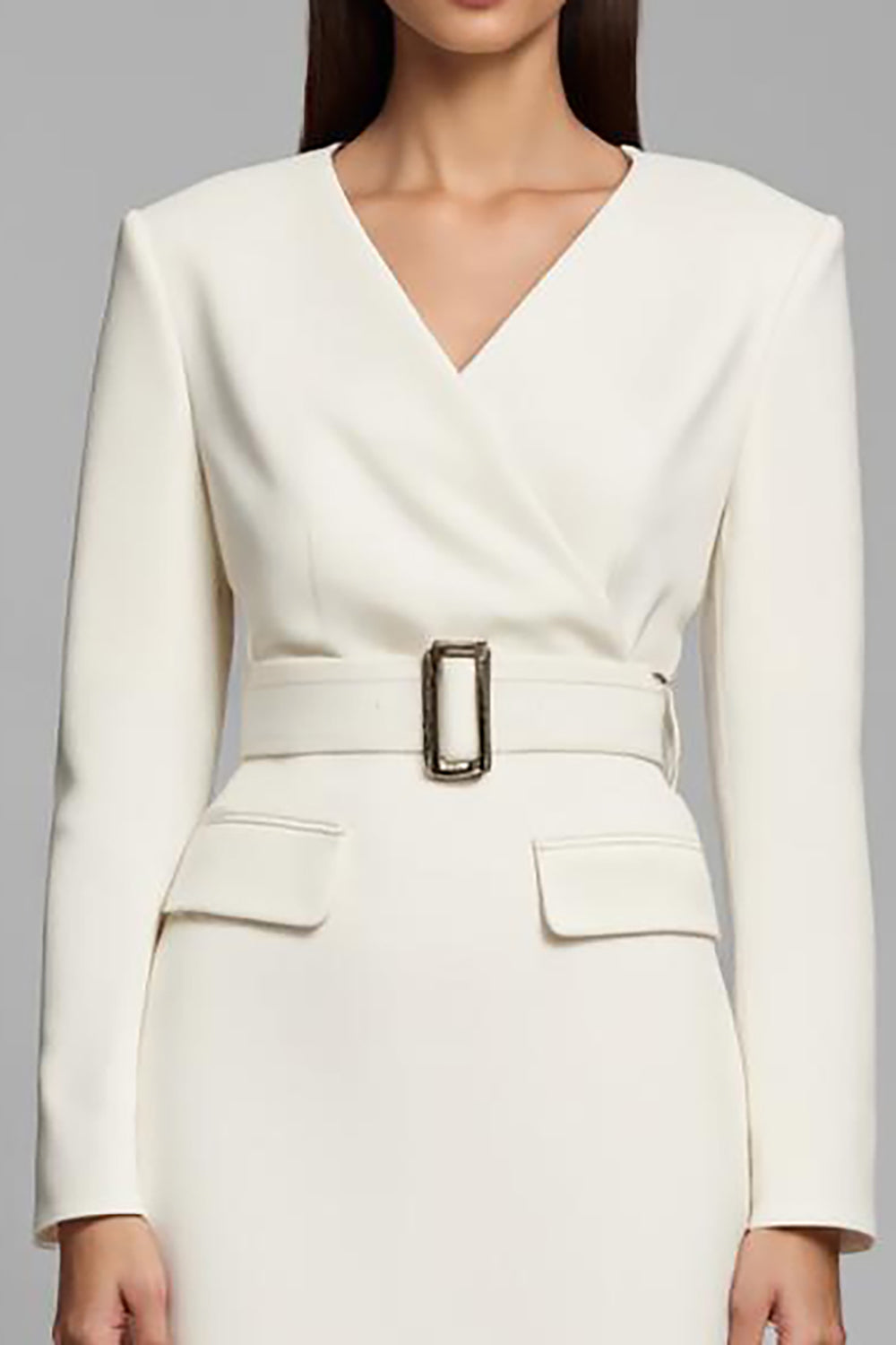 Ivory V-Neck Long Sleeves Midi Pencil Work Dress with Belt