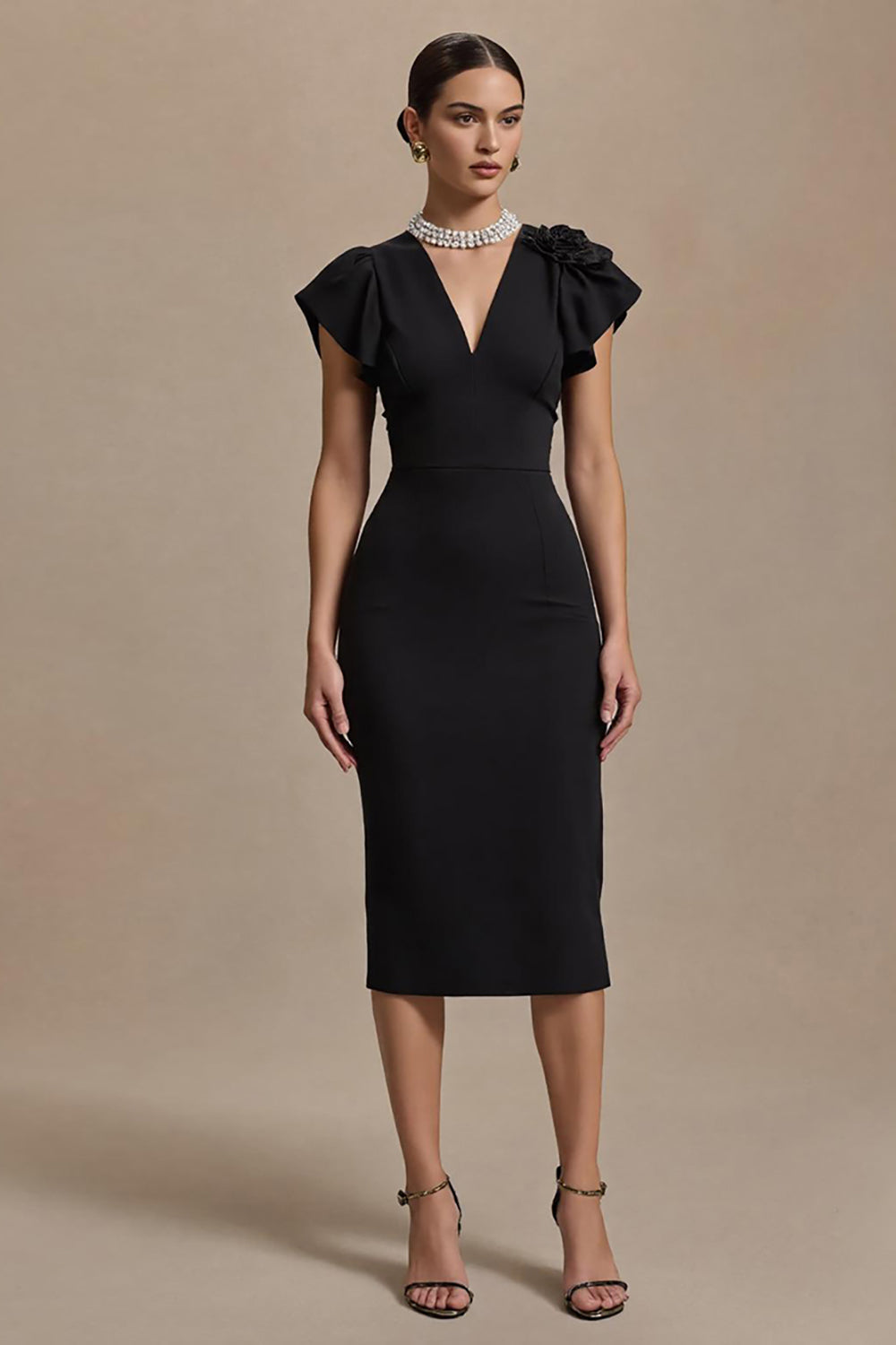 Black Satin V-Neck Midi Pencil Work Dress with Ruffles