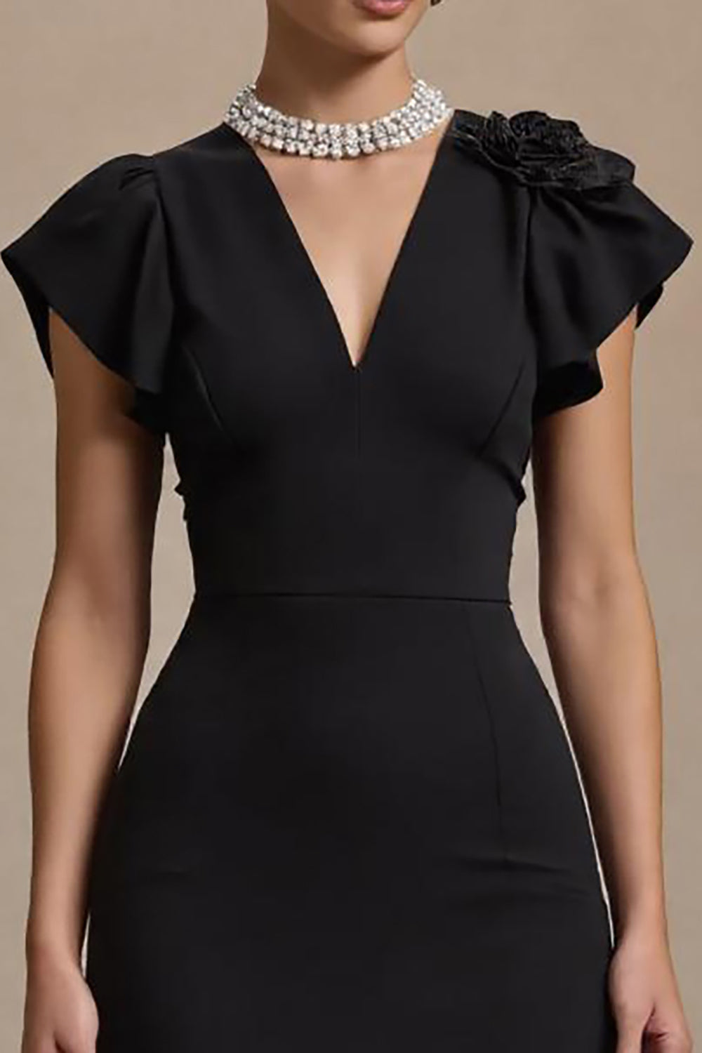Black Satin V-Neck Midi Pencil Work Dress with Ruffles