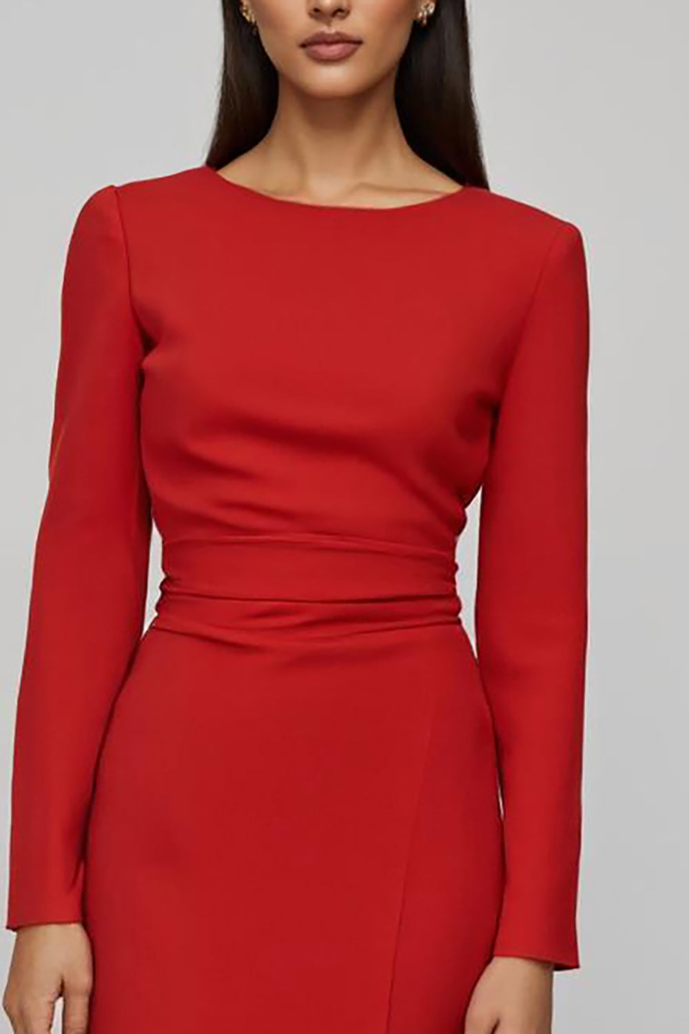 Red Satin Sheath Long Midi Work Dress with Sleeves