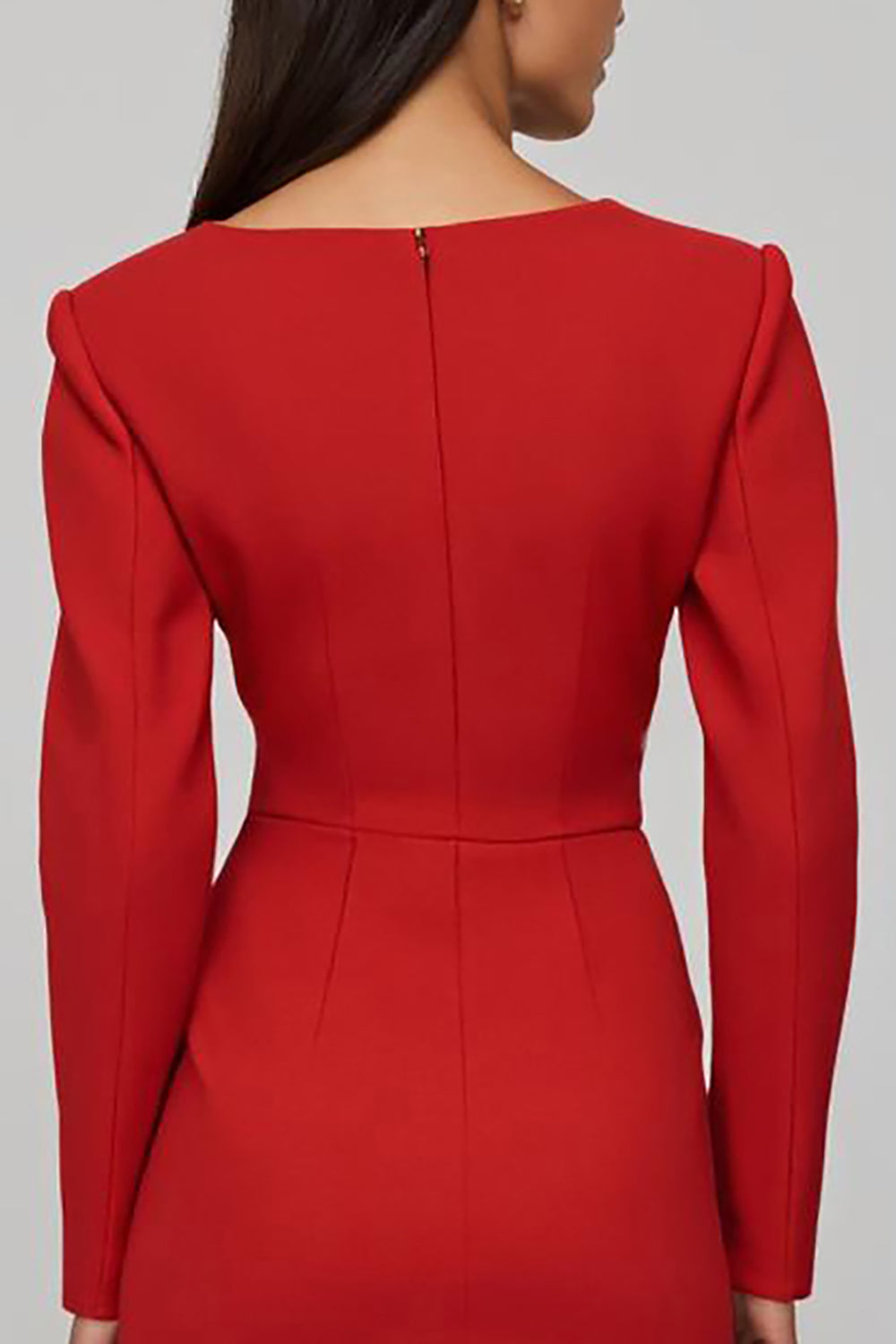 Red Satin Sheath Long Midi Work Dress with Sleeves